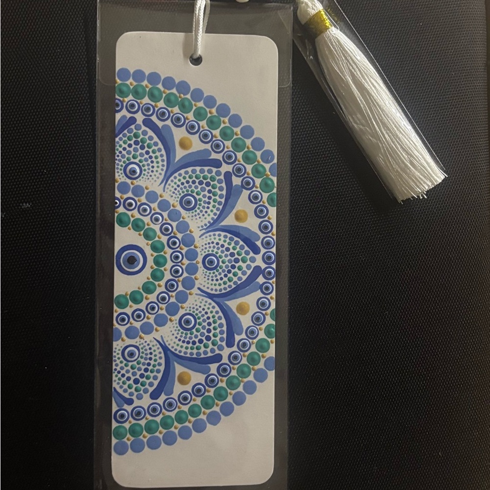 Hand Painted Blue Mandala Bookmark –Spiritual Dot Art Gift with Tassel. evil eye